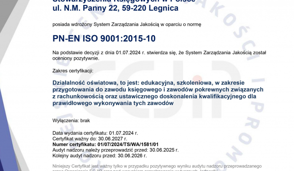 Certyfikat ISO 9001:2015